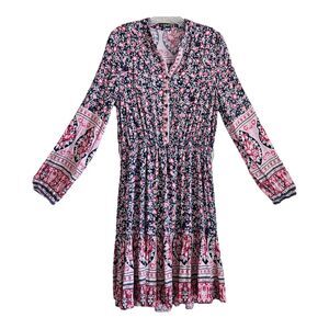 SHEILAY Women's XL Dress Floral Peasant Navy Red Pink 1/2 Buttons Flare Ruffle